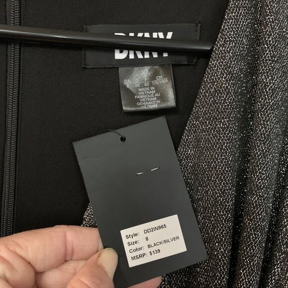 DKNY Wrap Dress Silver Metallic Long Sleeve Deep V-Neck Sz 8 Holiday New Years - Picture 2 of 8